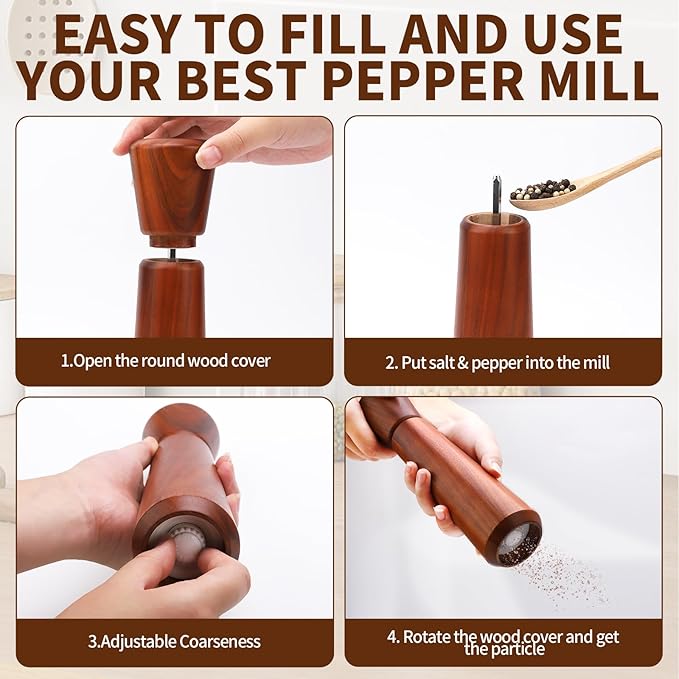 Wooden Pepper Grinder,Pepper Mill Wood 10In–Salt Grinder Refillable,Pepper Grinder Manual Adjustable Ceramic Rotor,Easy Refill,Salt and Pepper Shakers with Coarseness Control 1-Pack