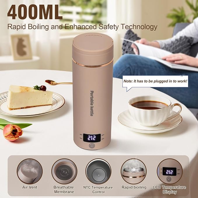 Travel Electric Kettle Portable Mini Kettle,Small Hot Water Boiler with 4 Temperature Settings,304 Stainless Steel, Fast Boiling Water with Auto Shut-Off and Boil Dry Protection,400 ml (Brown, 400ML)
