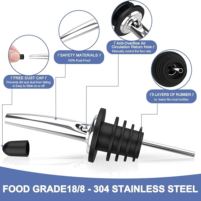 96-Pack Stainless Steel Pour Spouts for Liquor Bottles Oil Vinegar and Wine,Liquor Bottle Pourers with Rubber Dust Caps,Bar accessories,Pourers for Bartending