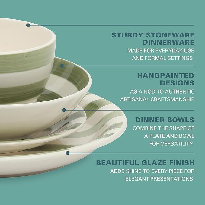 Gibson Home Kenwood Shores 16 Piece Dinnerware Set, Green Striped, Hand-Painted Stoneware, Plates and Bowls, Service for 4, Microwave & Dishwasher Safe