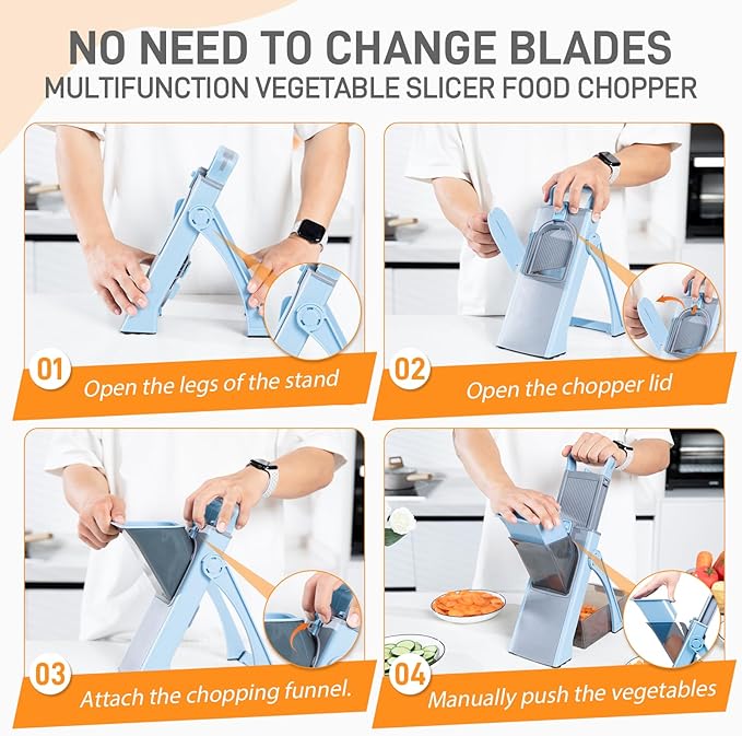 Safe Mandoline Slicer Plus – Adjustable Vegetable Chopper, Stainless Steel Blade, BPA-Free, Sky Blue