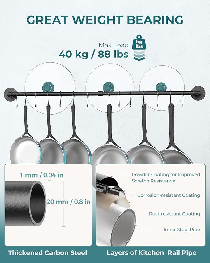 OROPY 38 inch Pot Bar Rack Wall Mounted Detachable Pans Hanging Rail Kitchen Lids Utensils Hanger with 14 S Hooks Black