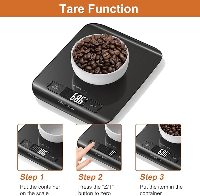 CROWNFUL Food Scale, 11 lb Digital Kitchen Scales with Built-in Coin Battery, Weight Ounces and Grams for Cooking and Baking, 6 Units with Tare Function, LCD Display, 304 Stainless Steel, Black