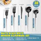 Lemeya Matte Black White Silverware Set for 6,Modern Stainless Steel Brushed Cutlery Set,30-Pieces Heavy Duty Flatware Set,Knives Spoons and Forks Set Utensils Set, Satin Finish, Dishwasher Safe