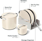 Caraway Cookware+ Collection - Specialty Cookware Set - Petite Cooker, Stir Fry Pan, Rondeau, & Stock Pot - 3 Lids & Storage Organizer Included - Cream