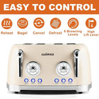 CUSIMAX Retro 4 Slice Toaster With Wide Slots for Bagels, Stainless Steel, 6 Toast Settings, Bagel, Cancel, Defrost & Reheat Functions, Dual Independent Control Panels, Cream