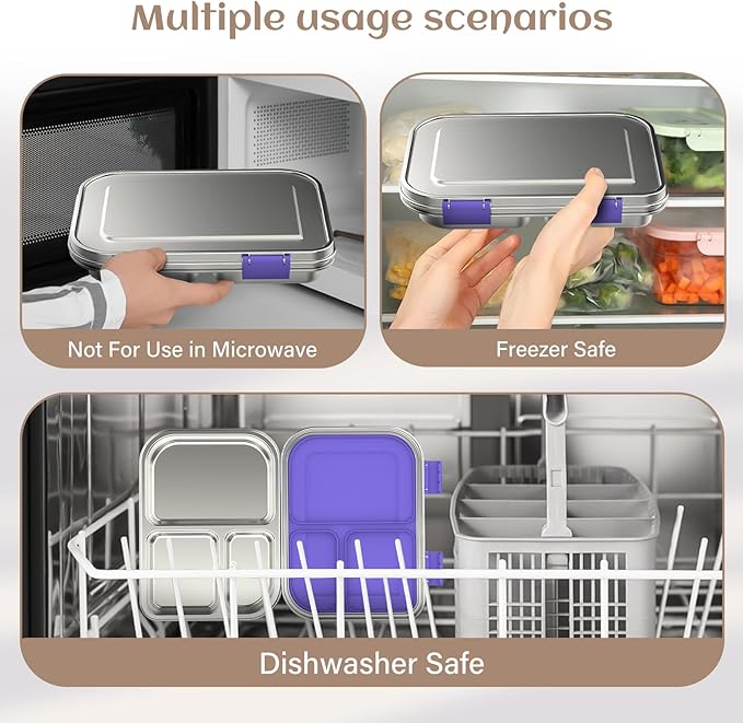 Stainless Steel Bento Box Kids, 3 Compartments Leak Proof Metal Bento Lunch Box, 304 Stainless Steel Bento Lunch Containers for School and Office,Dishwasher Safe, BPA-Free-Purple