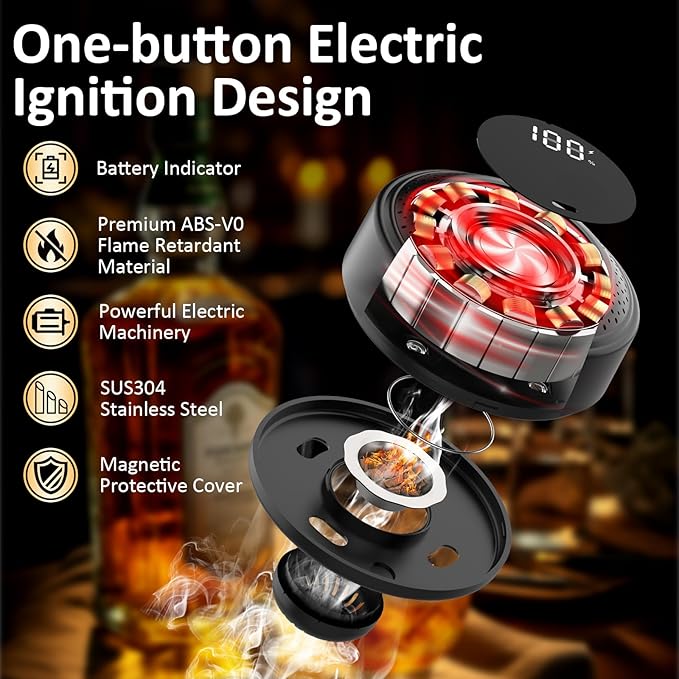 Electric Whiskey Smoker Kit, Cocktail Smoker Kit with LED Display Ambient Light Old Fashioned Smoker Kit with 6 Wood Chips Flameless Drink Smoker Kit Dad Birthday Gift Husband Men for Christmas