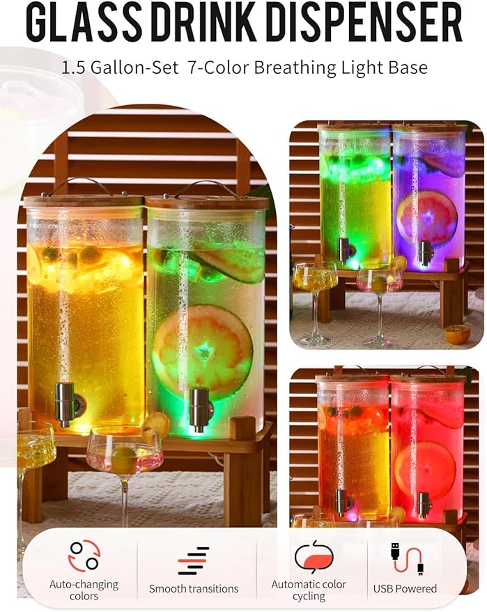 2 PCS Glass Drink Dispenser Set 1.5 Gallon With Stand, Spigot, Large Water Drink Dispensers for Parties for Lemonade, Juice, and Wedding, Bars
