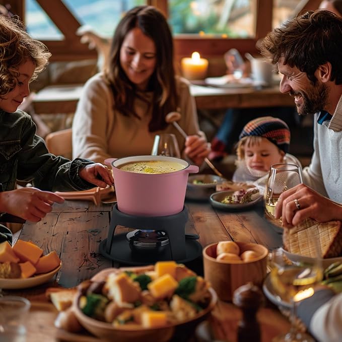Artestia Cast Iron Cheese Fondue Pot Set for Chocolate Swiss Fondue Set Camping Fondue Set with 6 Fondue Forks, 11-Piece Cheese Fondue Set Serve 6 Persons (Pink)
