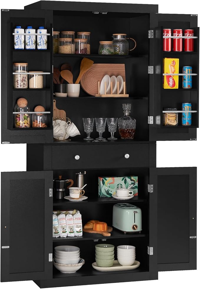 72” Kitchen Pantry Cabinet, with 6 Hanging Shelves & 1 Large Drawer, Adjustable Shelf, for Dinging Room, Living Room, Black
