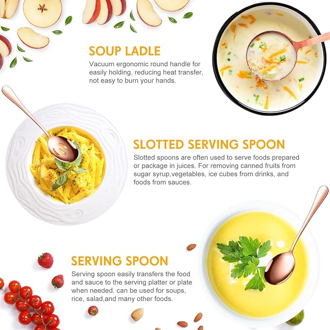 Patelai Serving Utensils Set Include Stainless Steel Large Spoons Slotted Spoons Forks Tongs Soup Ladle and Pie Server for Parties Buffet Catering, Dishwasher Safe(Rose Gold,10 Pieces)