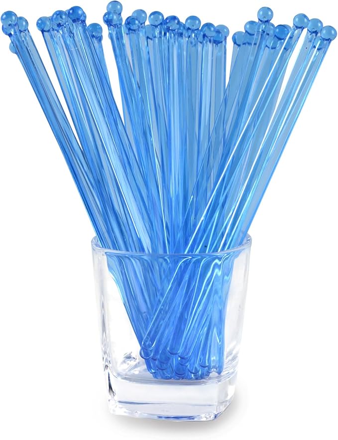 100 Pieces Disposable Plastic Round Top Clear Swizzle Sticks, Crystal Cake Stick, Cocktail Coffee Drink Stirrers 7.24 Inch (Blue)