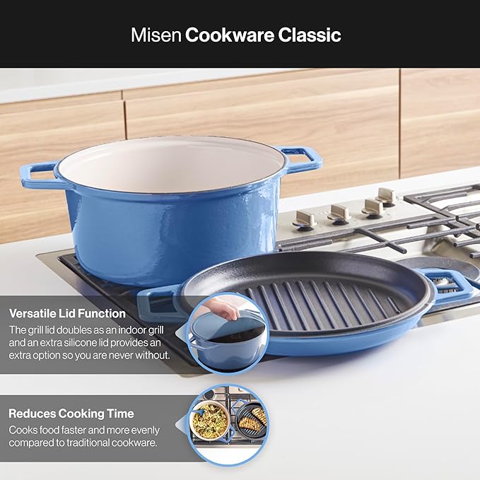 Misen 7 QT Enameled Cast Iron Dutch Oven - Chip-Resistant Enamel Coating - Thick Iron Core For Heat Retention - Large Cooking Surface - Oven Safe, Induction Compatible - Grill and Silicone Lid, Blue