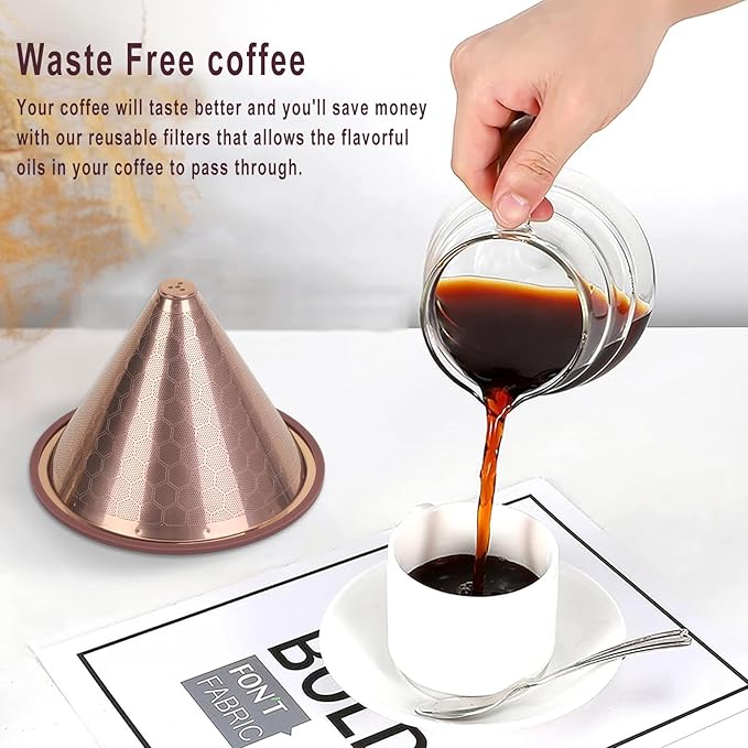 Compatible for Hario V60 & Chemex Pour Over Coffee Filters -MISETTO Reusable Stainless Steel - Best Coffee Maker and Bar Accessories (Copper)