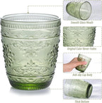6Pcs Green Drinking Glassware, 10oz Drinking Glasses, Heavy Duty Glass Cups, Colored Embossed Glasses Set for Party Wedding Home Office Glassesware Gift