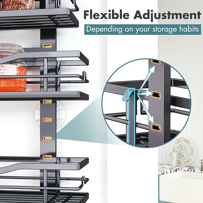 Over The Door Pantry Organizer，6-Tier Over The Door Organizer with Adjustable Basket，Metal Hanging Pantry Organizers and Storage for Kitchen, Back of Door Seasoning Rack (Black)