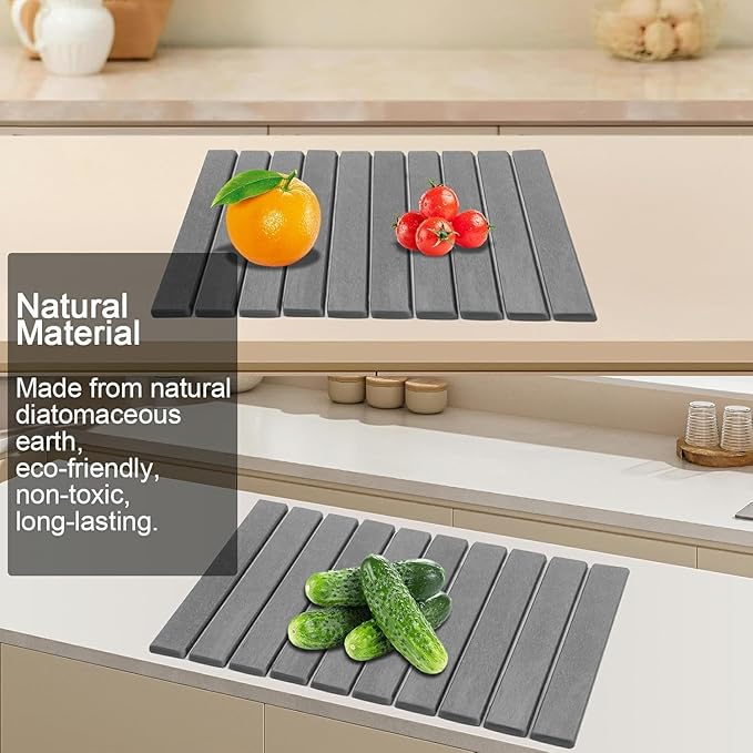 Stone Drying Mat for Kitchen Counter, Stone Dish Drying Mat Foldable, Super Absorbent Diatomaceous Earth Quick-drying Draining Mat for any Kitchen Countertop (Dark Gray B, 23.6”x15.4”)