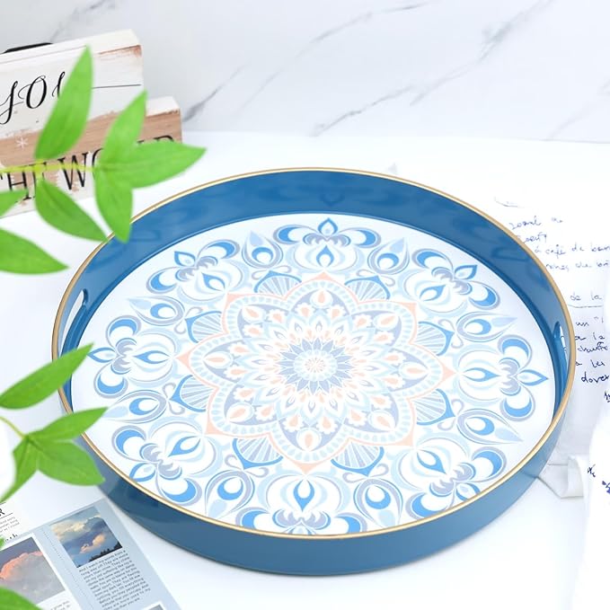 Round Blue Decorative Tray for Coffee Table, Ottoman, 13” Plastic Serving Platter Tray with Handles for Entertaining, Living Room