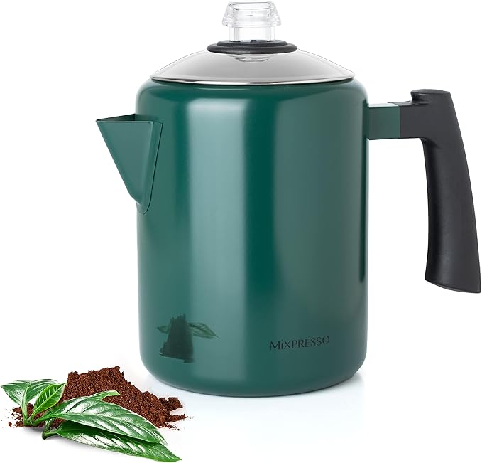 Mixpresso Green Stainless Steel Coffee Percolator Stovetop, 37oz Classic Percolator Coffee Pot, Great For Camping Pot, 5-8 Cup Stove Top Espresso Maker, Cool-Touch Handle