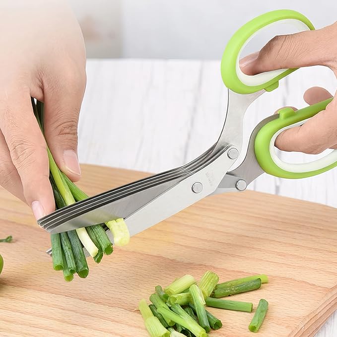 Herb scissors, Multipurpose Cutting Shears with 5 Blade Kitchen Salad Scissors, Safety Cover and Cleaning Comb for Chopping Cilantro Onion Basil Chive Parsley, Green