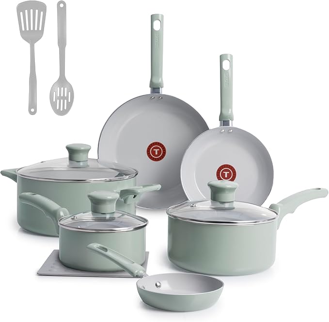 T-Fal Refresh Ceramic Nonstick Cookware Set, Oven Safe Up to 350ºF, 12-Piece, Includes Stockpot, Griddle, Frying Pans, Utensils, Ceramic Pots and Pans Set, Mint Green