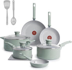 T-Fal Refresh Ceramic Nonstick Cookware Set, Oven Safe Up to 350ºF, 12-Piece, Includes Stockpot, Griddle, Frying Pans, Utensils, Ceramic Pots and Pans Set, Mint Green