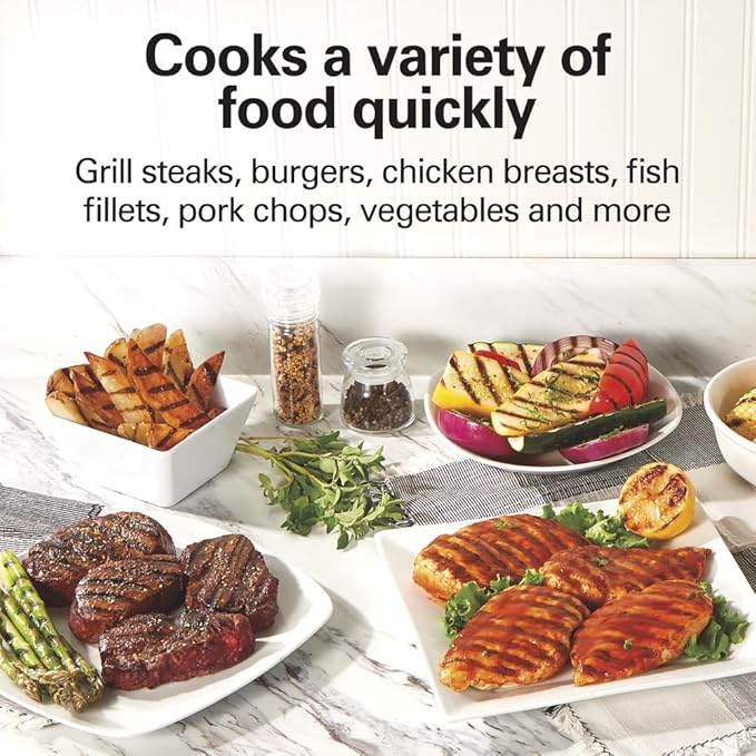 Hamilton Beach Electric Indoor Grill, 6-Serving, Large 90 sq. in. Nonstick Easy Clean Plates, Floating Hinge for Thicker Foods, 1200 Watts, 6.38"D x 12.68"W x 13.78"H , Silver (25371)