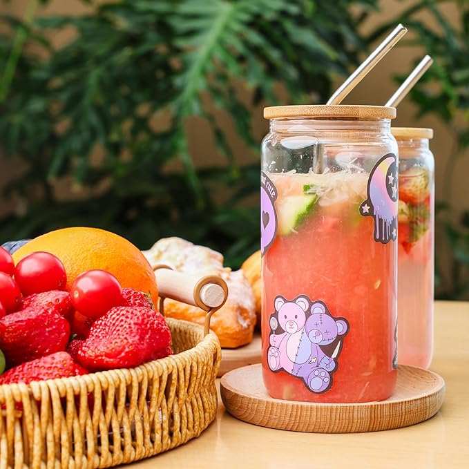 16Pcs Glass Cups With Bamboo Lids and Straws,16Oz Ice Coffee Cup,Drinking Glasses Cups Set,Water Bottles Glasses for Juicing,Beer,Coffee,Soda,Tea-Glass Tumbler Reusable for Gifts