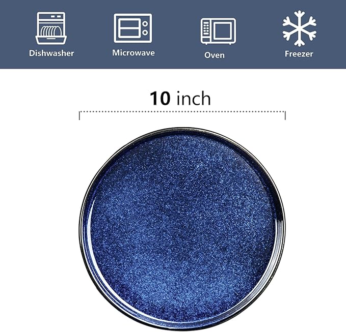 vicrays Ceramic Dinner Plates Set - Porcelain 10 Inch Flat Steak Pasta Pizza Plate Home Party Restaurant Plate Scratch Resistant Microwave Oven and Dishwasher Safe Set of 6 Blue