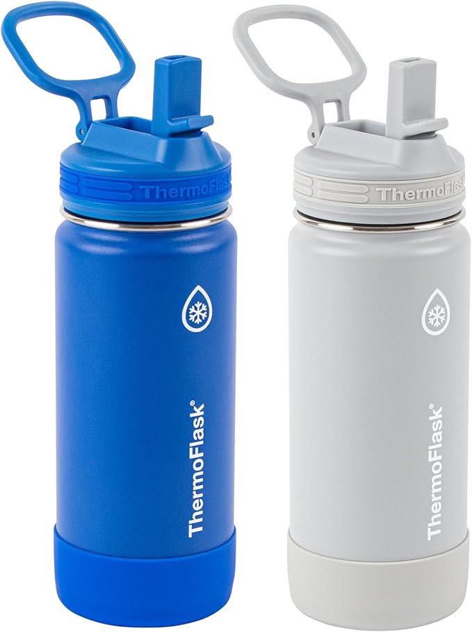 ThermoFlask Kids Bottle with Straw Lid - Durable & Dishwasher-Safe Water Bottles & Lids - Leak-Proof Bottle Lid Design - Reusable Water Bottles for Everyday Use - 16 oz, Blueberry/Wolf Grey (2 Pack)