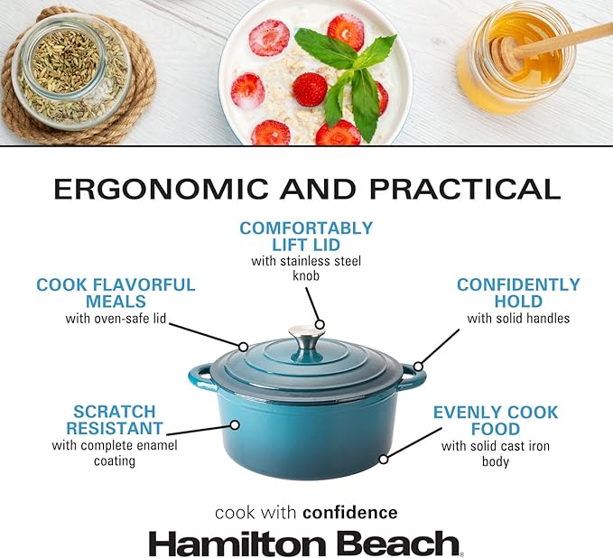 Hamilton Beach 5.5-Quart Enameled Cast Iron Dutch Oven with Lid | Heavy-Duty Pot for Braising, Roasting & Baking | Navy