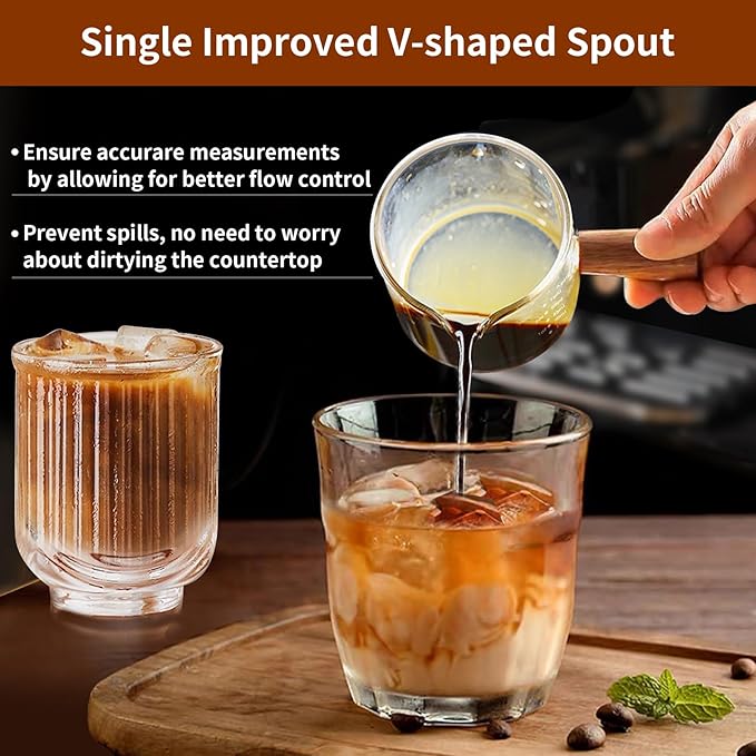 YARRAMATE 3.4oz Espresso Shots Cup with Wood Handle, Clear Glass Espresso Measuring Cup with Dual Scale, Shot Glass with Single Spout