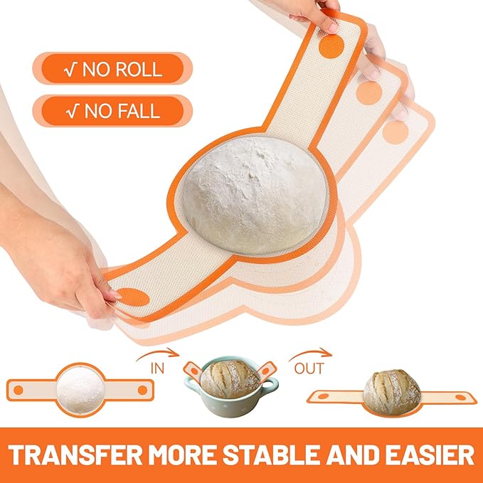 HOTEC Silicone Bread Sling for Dutch Oven - 2 Pack Non-Stick Baking Mat with Long Handle Easy to Transfer Sourdough Bread, Reusable Heat Resistant to 500°F/260°C Dutch Oven Liners Baking Supplies