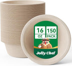 JOLLY CHEF Compostable Disposable Paper Bowl [16 oz] Heavy Duty Soup Containers [150 Pack] Biodegradable Bagasse Hot Cold Eco-Friendly Natural Sugarcane Microwavable Bowls for Salad Dessert Cereals