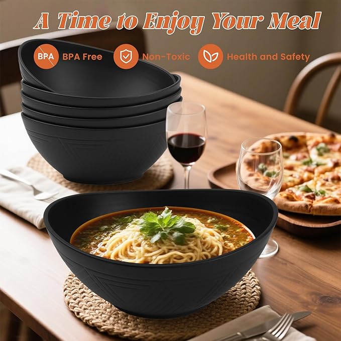 Homienly Wheat Straw Bowls Set of 6, 60 OZ Salad Bowl Large Capacity for Soup, Popcorn - Unbreakable Serving Bowl - Microwave & Dishwasher Safe Bowl, Alternative for Plastic Bowls for Kitchen - Black