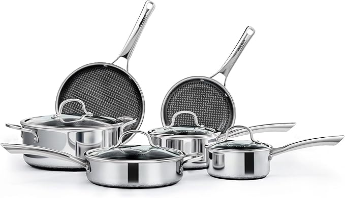 ROVSUN 10 Pcs Non-Stick Cookware Set, Stainless Steel Pots and Pans Set with Lids, Non-Toxic Kitchen Set Chef's Pan, PFOA & PTFE Free, Compatible for All Cooktops