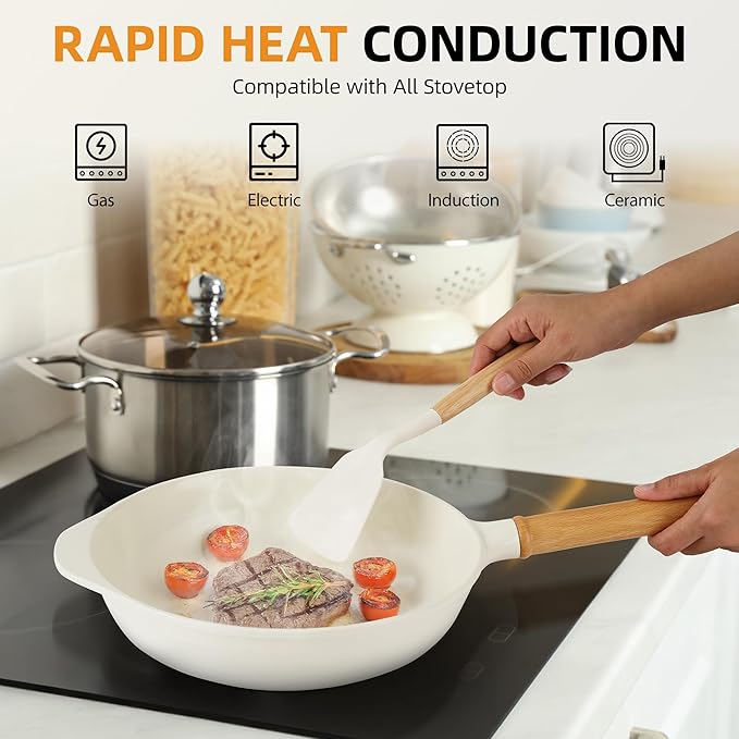 Nonstick Skillet with Lid ,10 Inch Deep Frying Pan, Toxin-Free Ceramic Frying Pan Cookware, Wabi-Sabi Style Healthy Non Toxic Cooking Pan with Helper Handle, Saute Pan Compatible with All Stovetops