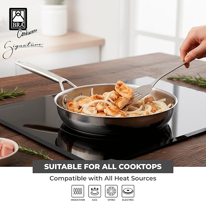 BRA COOKWARE Signature Frying Pan | 8 inches Professional Skillet | Stainless Steel Frypan | All Stovetop Compatible - Full Induction Skillet | PFOA Free | w/o Non-Stick Coating | Polished Finish
