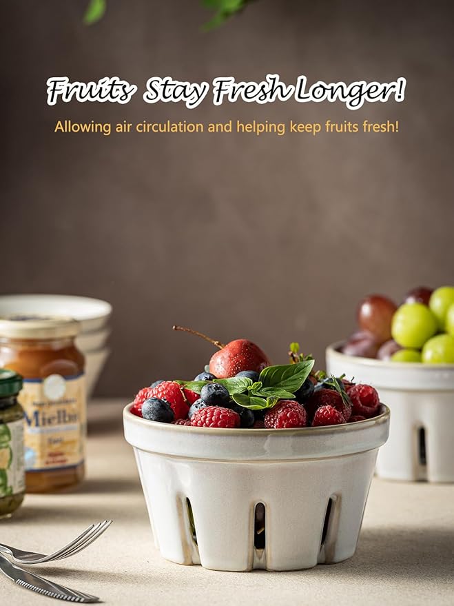 Gomakren Fruit Bowl with Holes, Ceramic Berry Basket Set of 2, 5.8 Inch Round Fruit Basket for Kitchen, Berry Containers Colander - Farmhouse Kitchen Decor, White