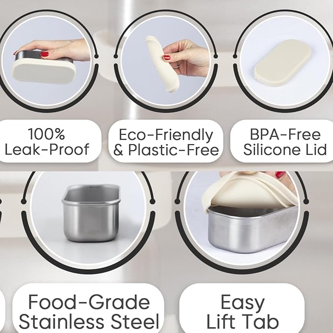 Flexibento - Leak proof Stainless Steel Lunch Box | Lunch Containers with Lids | Steel Bento Box |Metal lunch Box|1*25 OZ+ 2*13 OZ + 2 *2 OZ| Set Of 5 |Vanilla (Vanilla 52 Oz Set (set of 5))