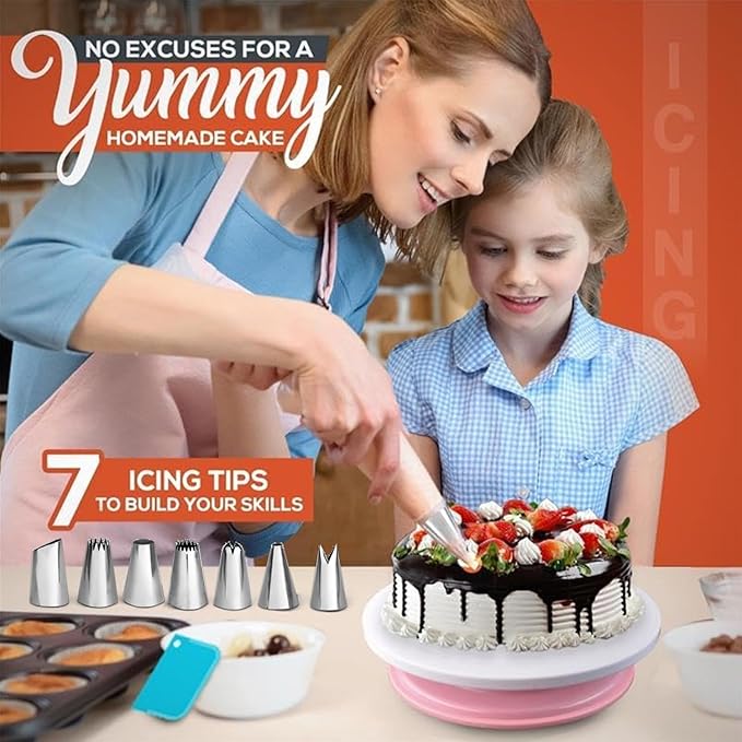 RFAQK 100PCs Aluminum Cake Pans Sets for Baking with 8-inch Aluminum Round Cake Pans Set of 2 - Cake Decorating Supplies Kit with 30 Parchment Papers, Piping Tips, Cake Leveler, and Spatula