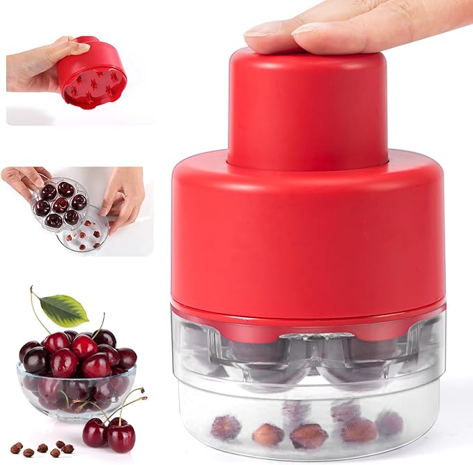 SCHVUBENR 7-IN-1 Large Cherry Pitter Tool - Portable Cherry Corer Pitter with Ergonomic Push Design - Easy to Use for Making Cherry Jam - Pit 7 Cherries at Once, Saving Time & Effort - Red