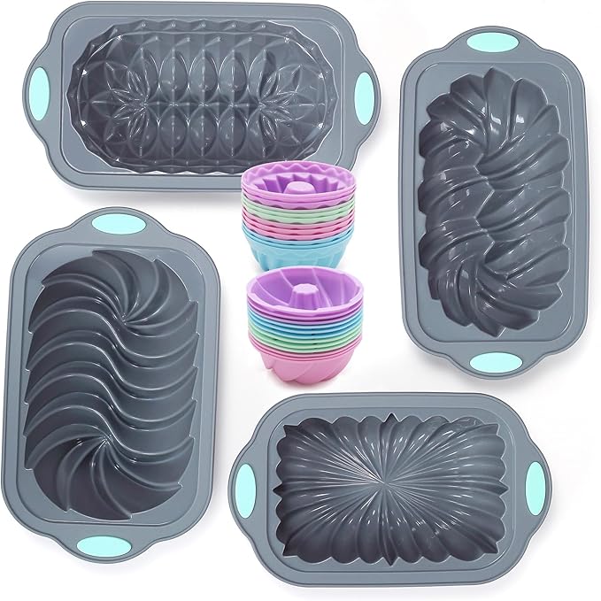 28 Pieces Silicone Fluted Loaf Pan set,Non-Stick Kitchen Oven Baking Pans, BPA Free Silicone Mold for Bread, Meatloaf, Cake, with 24 Pack mini Baking Cups