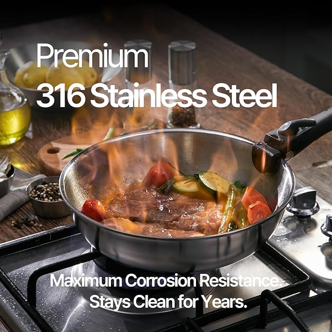 316 Stainless Steel Removable Handle Cookware, 5-Ply Stackable Cookware Set, 6-Piece Pans with Universal Lid, Induction Compatible, Oven & Dishwasher Safe