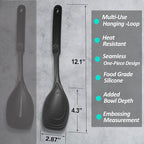 Large Silicone Cooking Spoon, Non-Stick Solid Spoon set with Deep Bolw and Measurement Mark for Mixing, Serving, Draining, Scooping, Scraping, Heat Resistant Kitchen Utensils, Black