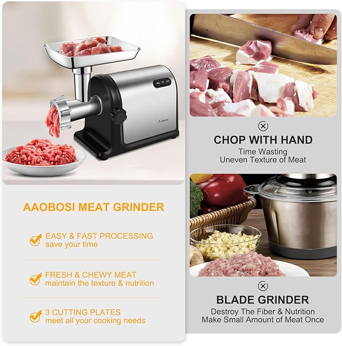 AAOBOSI #10 Meat Grinder Electric [3000W] Heavy Duty Stainless Steel Meat Mincer with 3 Grinding Plates, 3 Sausage Stuffer Tubes & Kubbe Attachments,Easy One-Button Control