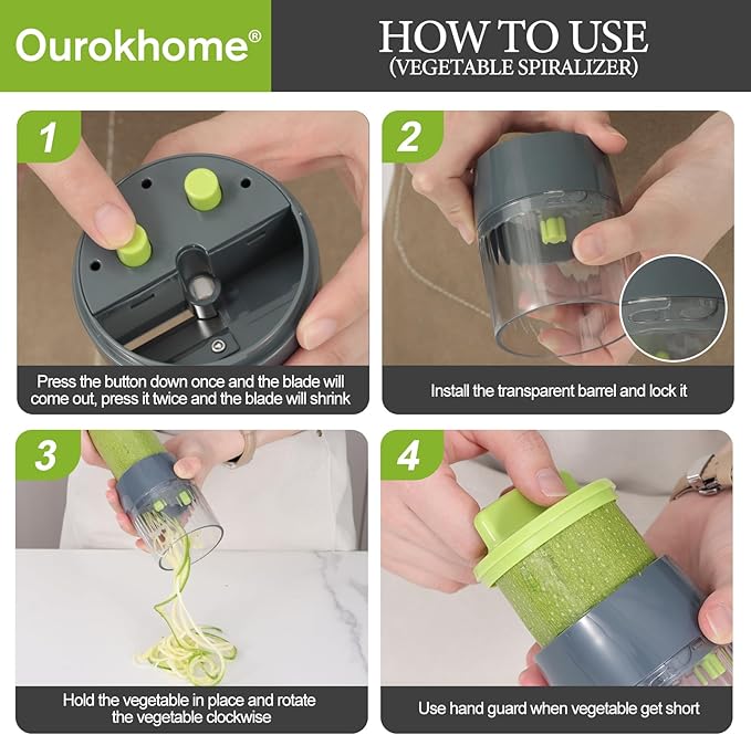 Ourokhome Veggie Chopper and Dicer with Container, Manual Hand Food Mandolin Slicer with 4 in 1 Handheld Vegetable Spiralizer for Zucchini, Potato, Onion, Essential Kitchen Gadgets (12 in 1, Gray)