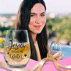 Jesus Touched My Water Wine Glasses, Funny Christian Gift for Women Gifts for Birthday Mom Father's Day Friendship Gifts (Clear-JESUS)