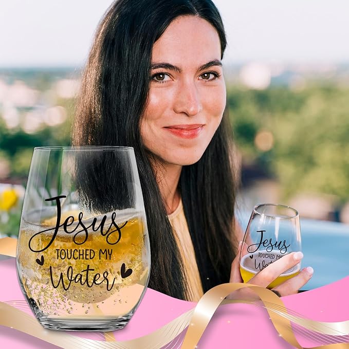 Jesus Touched My Water Wine Glasses, Funny Christian Gift for Women Gifts for Birthday Mom Father's Day Friendship Gifts (Clear-JESUS)